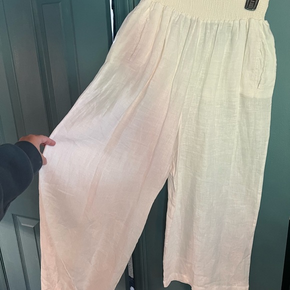 Magaschoni Pants - White Smocked Waist Linen Pants